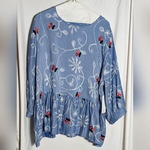 NWT Ana and Rose Boho Babydoll Top     | Light Blue W/ Appliques| Size 3X‎
